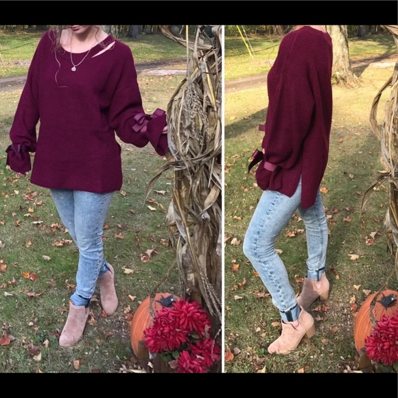 Burgundy/Rust Sweater with Wrist Bows - Picture 7 of 7